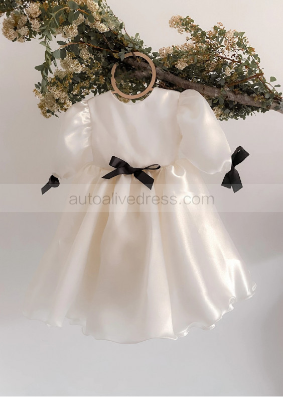 Puff Sleeves Ivory Organza Satin Latest Flower Girl Dress